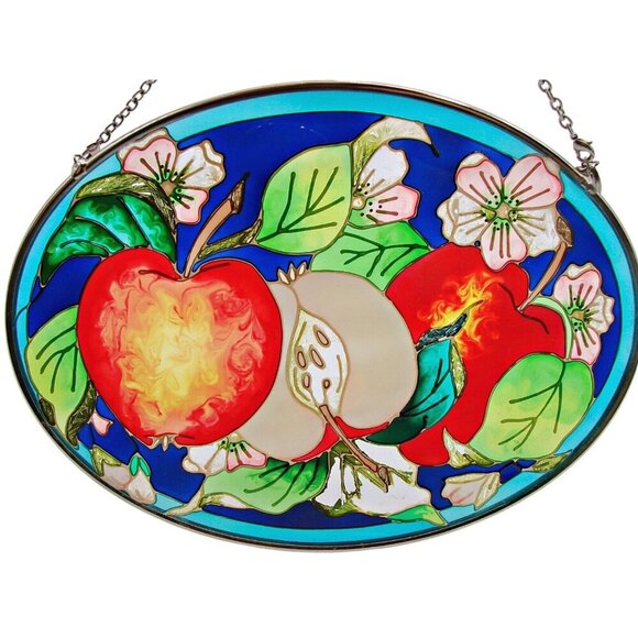 Amia Stain Glass Hanging Suncatcher Apple Floral Fruit Bright Colors Framed 7x5" - Picture 7 of 8
